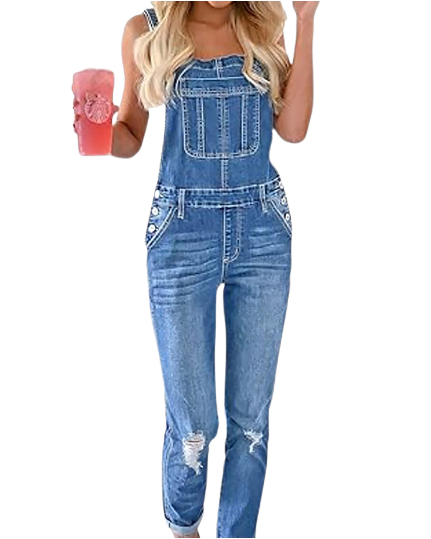 WarmLok Women’s Distressed Denim Overalls Casual Ripped Bib Pocket Jumpsuit