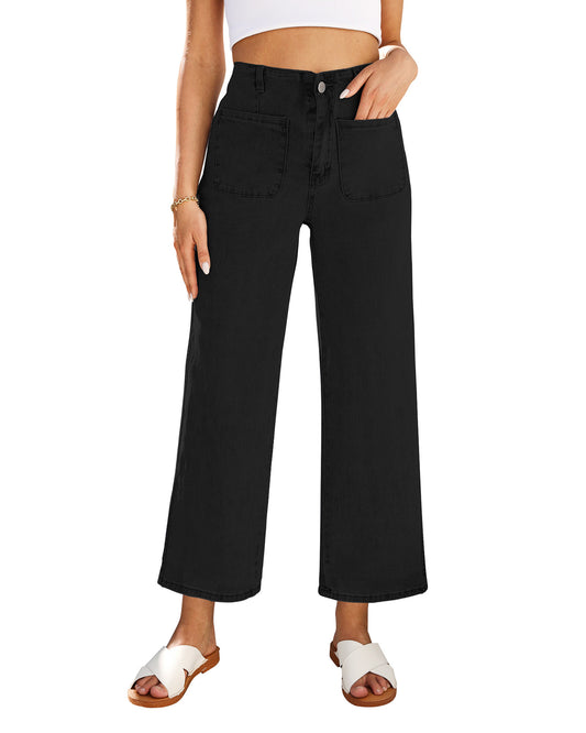 WarmLok Women's Cropped Wide Leg Jeans High Waisted Stretchy Denim Trousers with Pockets