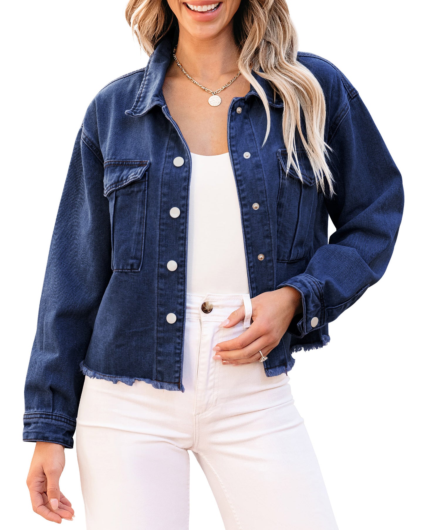 WarmLok Women’s Trendy Boyfriend Oversized Raw Hem Denim Long Sleeves Jacket with Pockets