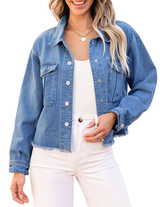 WarmLok Women’s Trendy Boyfriend Oversized Raw Hem Denim Long Sleeves Jacket with Pockets