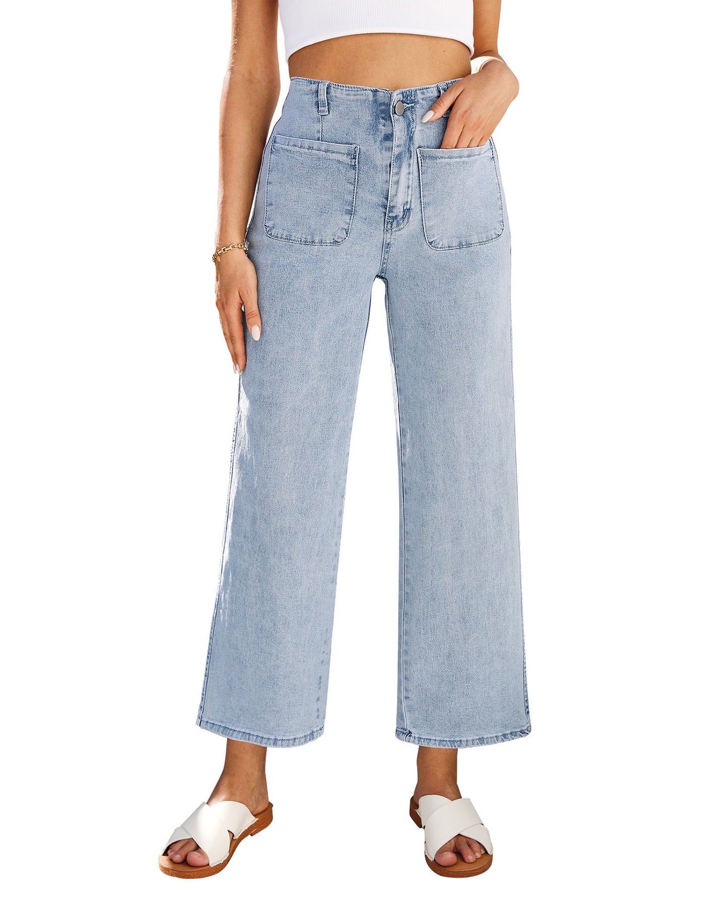 WarmLok Women's Cropped Wide Leg Jeans High Waisted Stretchy Denim Trousers with Pockets