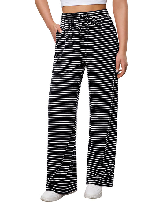 WarmLok Women's Fashion Striped Pants Drawstring Loose Fit Comfy Striped Trousers