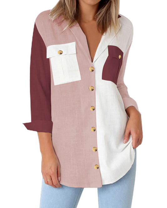 WarmLok Women’s Relaxed Fit Button Up Blouses Roll-Up Sleeve Casual Top with Pockets