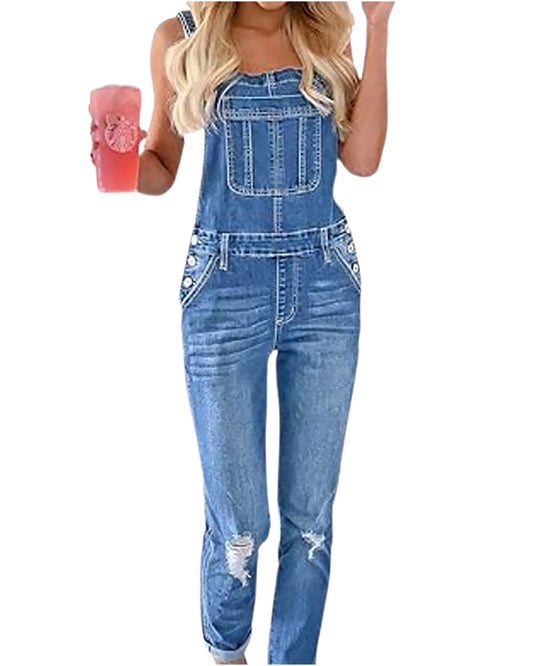 WarmLok Women’s Distressed Denim Overalls Casual Ripped Bib Pocket Jumpsuit