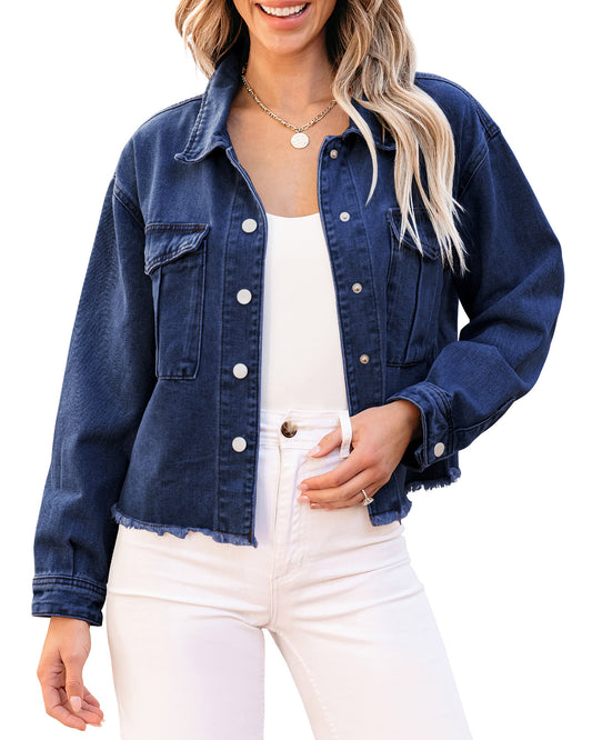 WarmLok Women’s Trendy Boyfriend Oversized Raw Hem Denim Long Sleeves Jacket with Pockets
