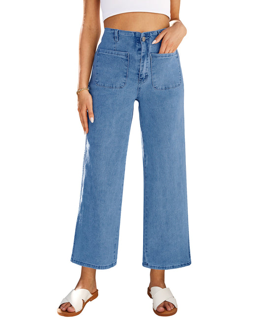 WarmLok Women's Cropped Wide Leg Jeans High Waisted Stretchy Denim Trousers with Pockets