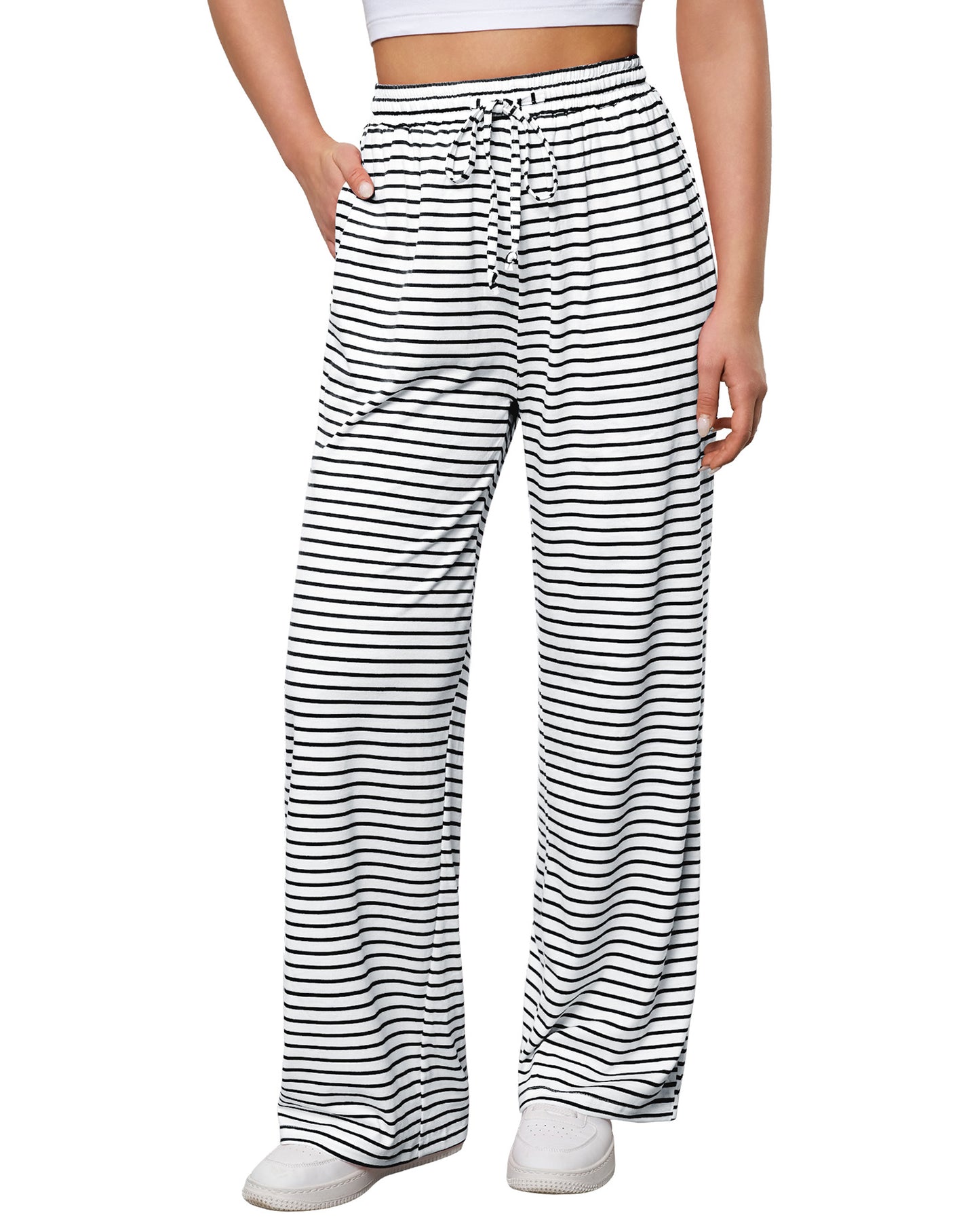 WarmLok Women's Fashion Striped Pants Drawstring Loose Fit Comfy Striped Trousers