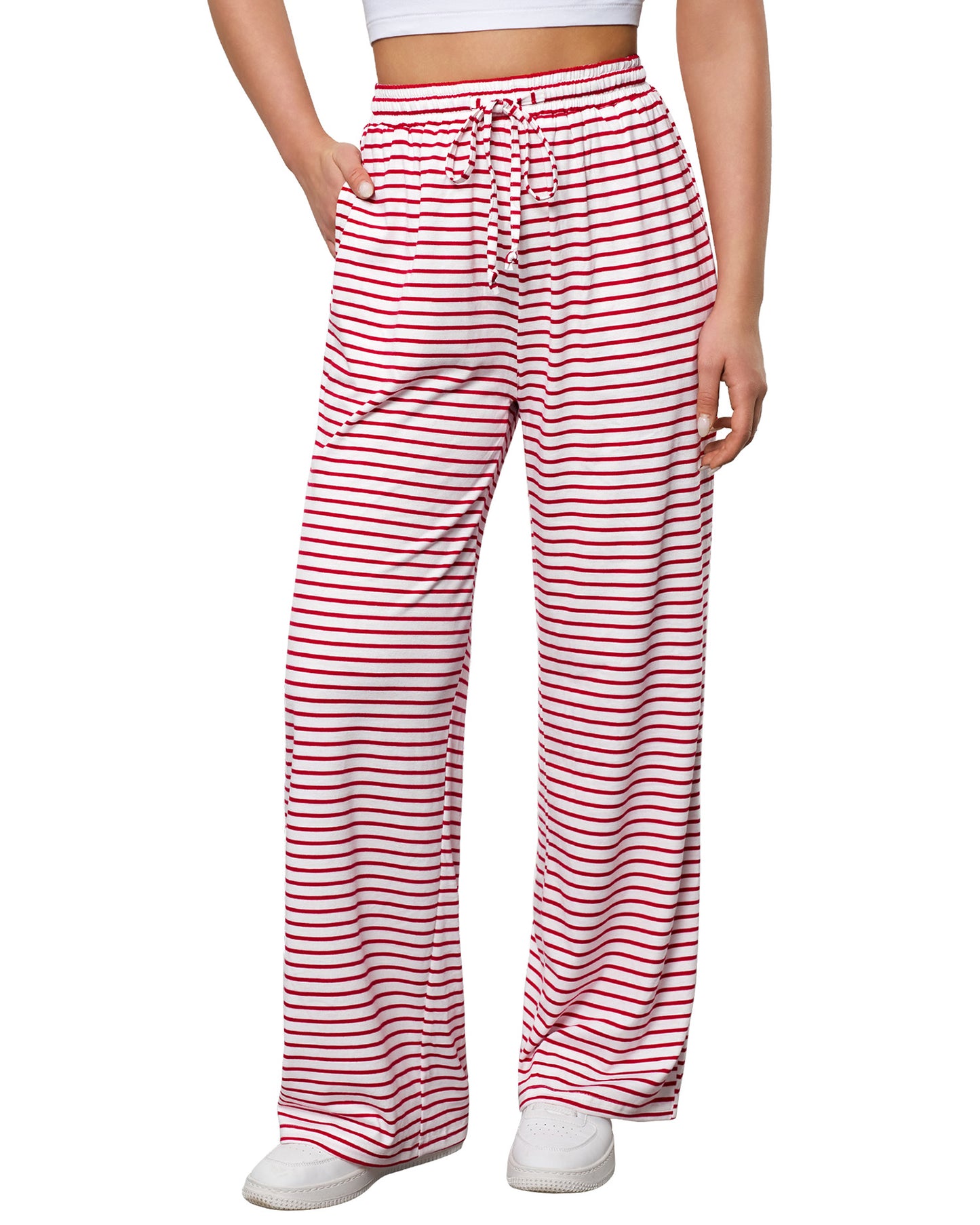 WarmLok Women's Fashion Striped Pants Drawstring Loose Fit Comfy Striped Trousers